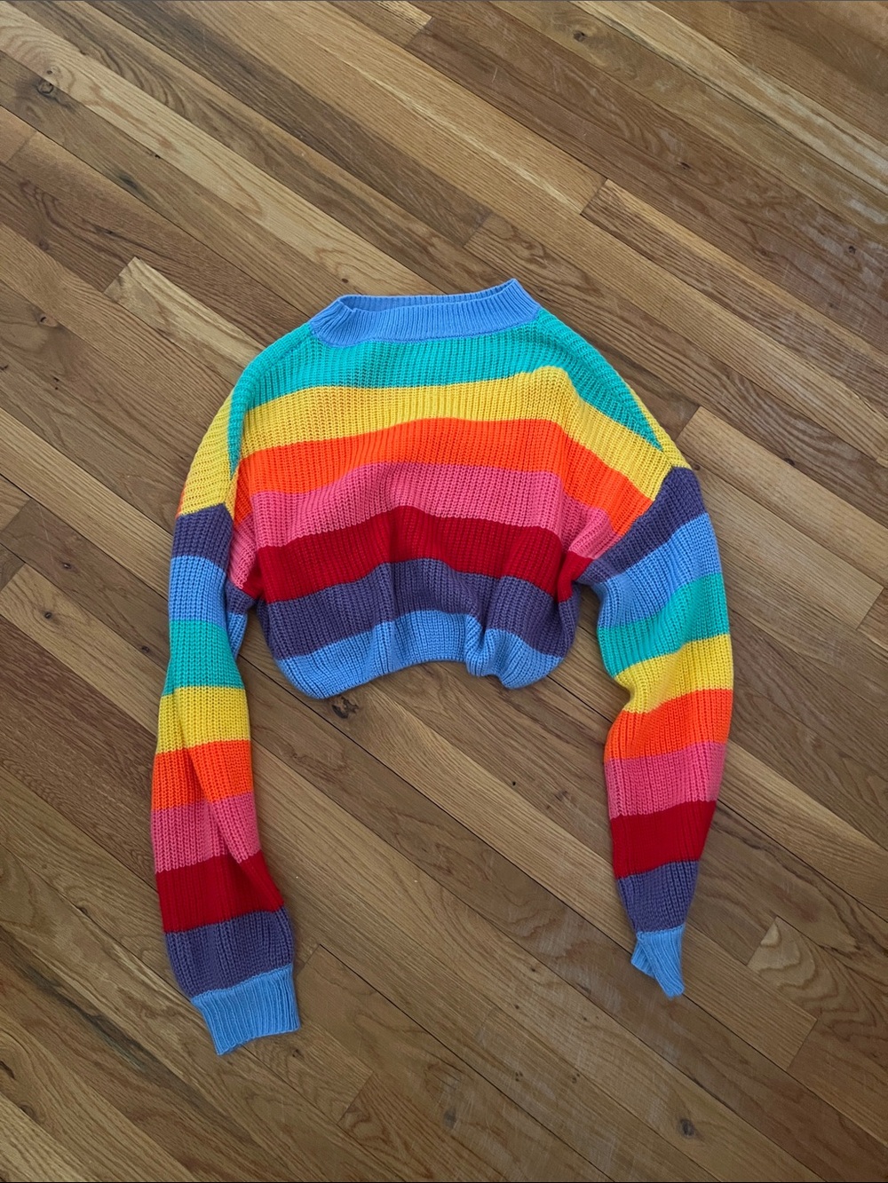 Cropped Rainbow Stripe Knit Sweater